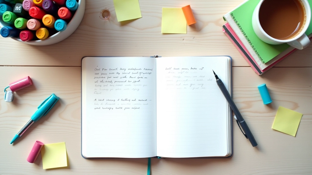 Professional workspace with growth mindset resources, coaching materials, and notebooks for content research and development