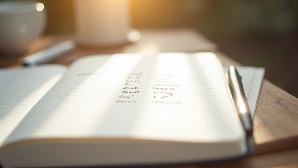 Notebook with handwritten thoughts and question marks, pen and coffee on wooden table, bright natural lighting