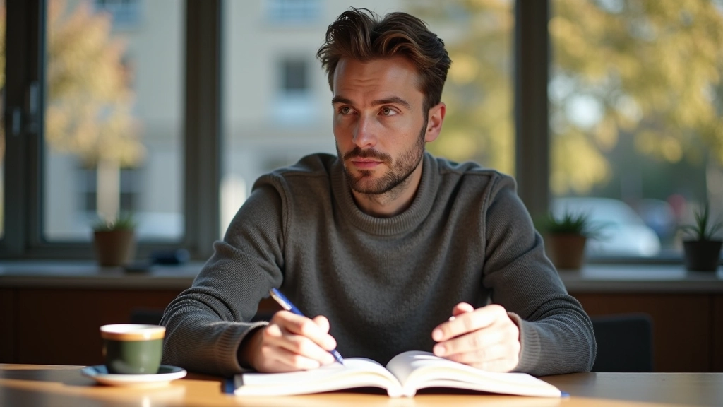 Person sitting at desk, looking thoughtfully at notebook, natural window light, modern workspace