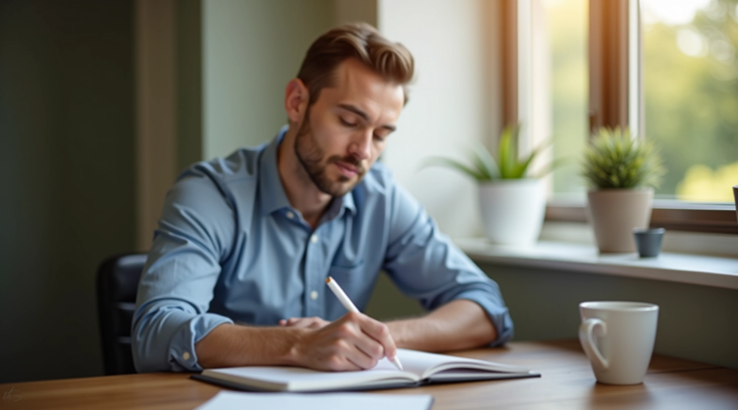 Person sitting at wooden desk with notebook, pen, and coffee cup, natural window light, focused expression
