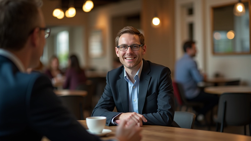Two people having conversation at coffee table, relaxed setting with warm lighting