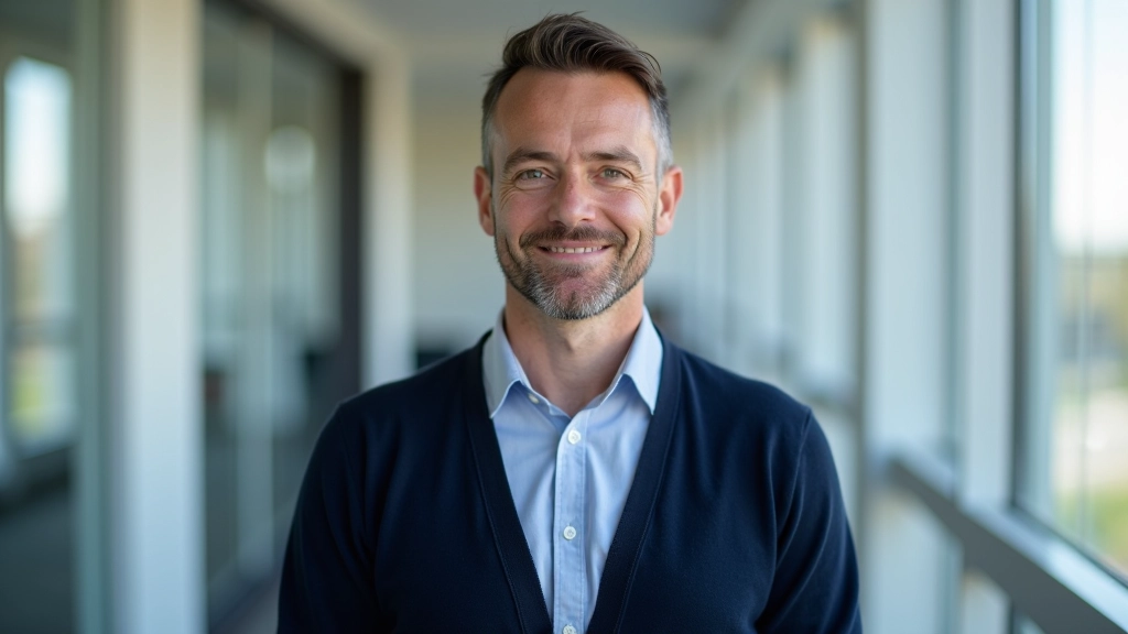 Person in professional casual clothing, confident posture, standing by window with natural light, modern office setting