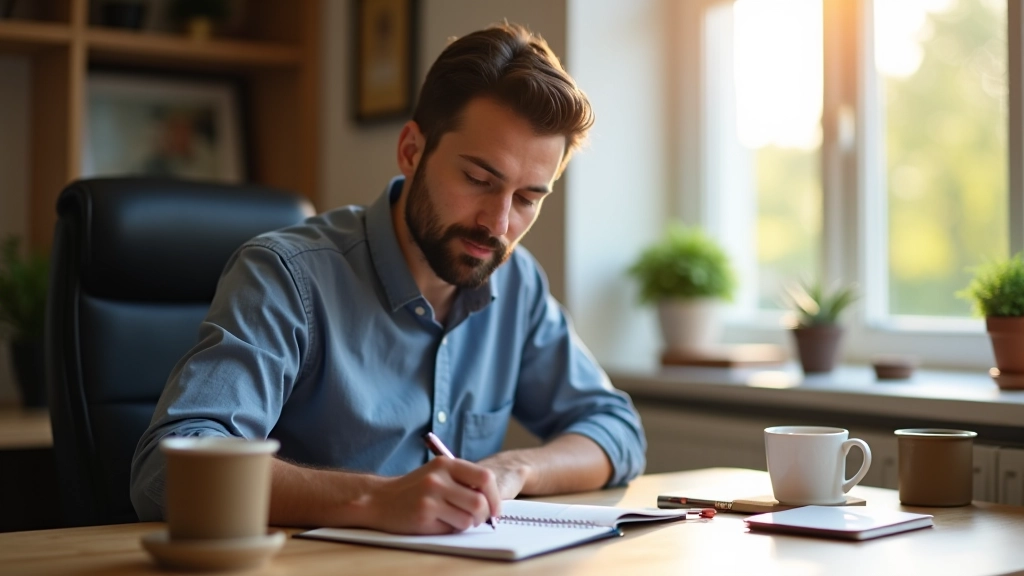 Person writing in notebook at desk with coffee, journaling progress and reflections, bright morning light
