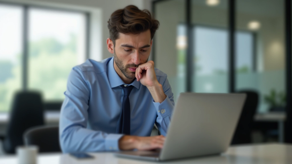 Professional person at laptop with hands on face, concentrating intensely on challenging work, modern office environment