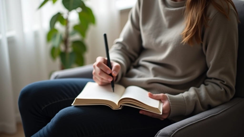 Open journal with pen on lap, person in comfortable chair near window with natural light