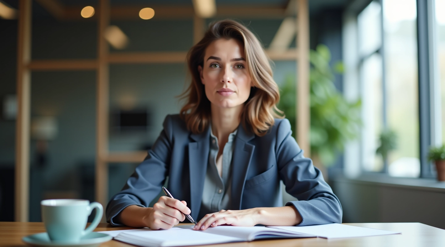 Professional workspace with person reviewing career transition notes and planning materials
