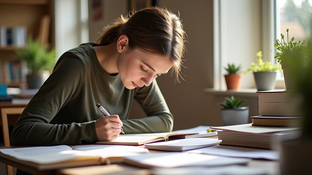 Person writing in journal with focused expression, organized workspace with books and pen nearby, natural lighting from window