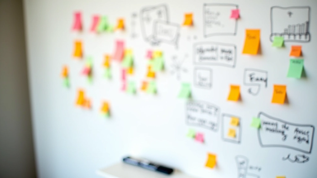 Colorful sticky notes on whiteboard with handwritten notes and sketches, organized layout